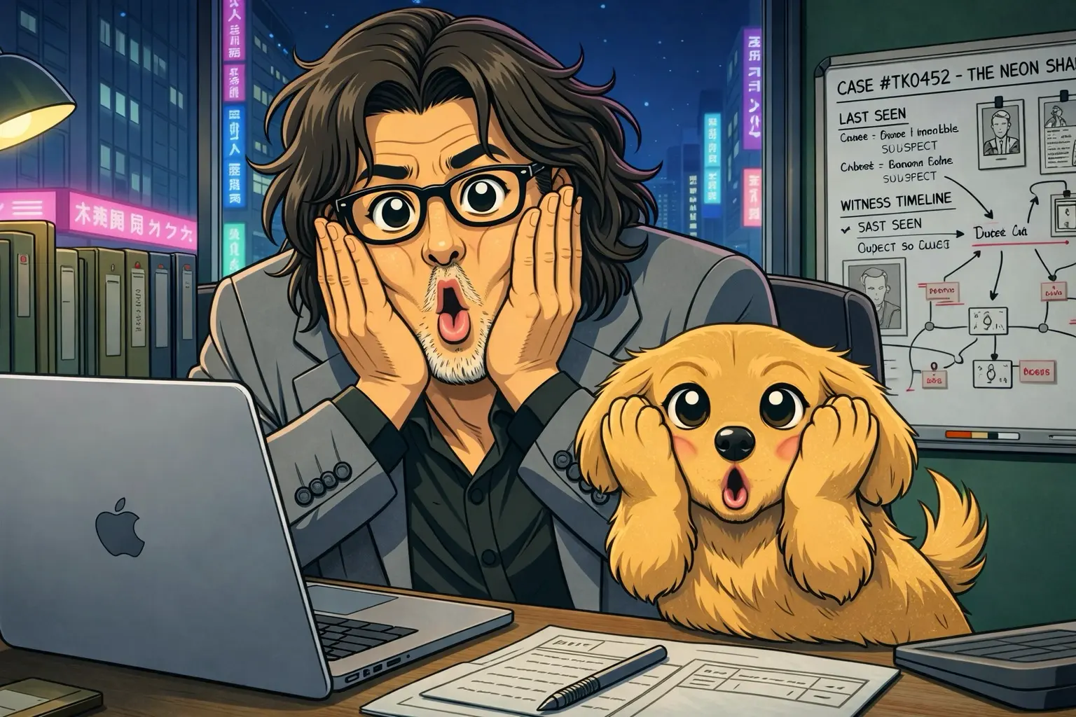 パソコンの前で驚く男性と犬のイラスト。ネット初心者が3か月目でハマりやすいことを表すイメージ