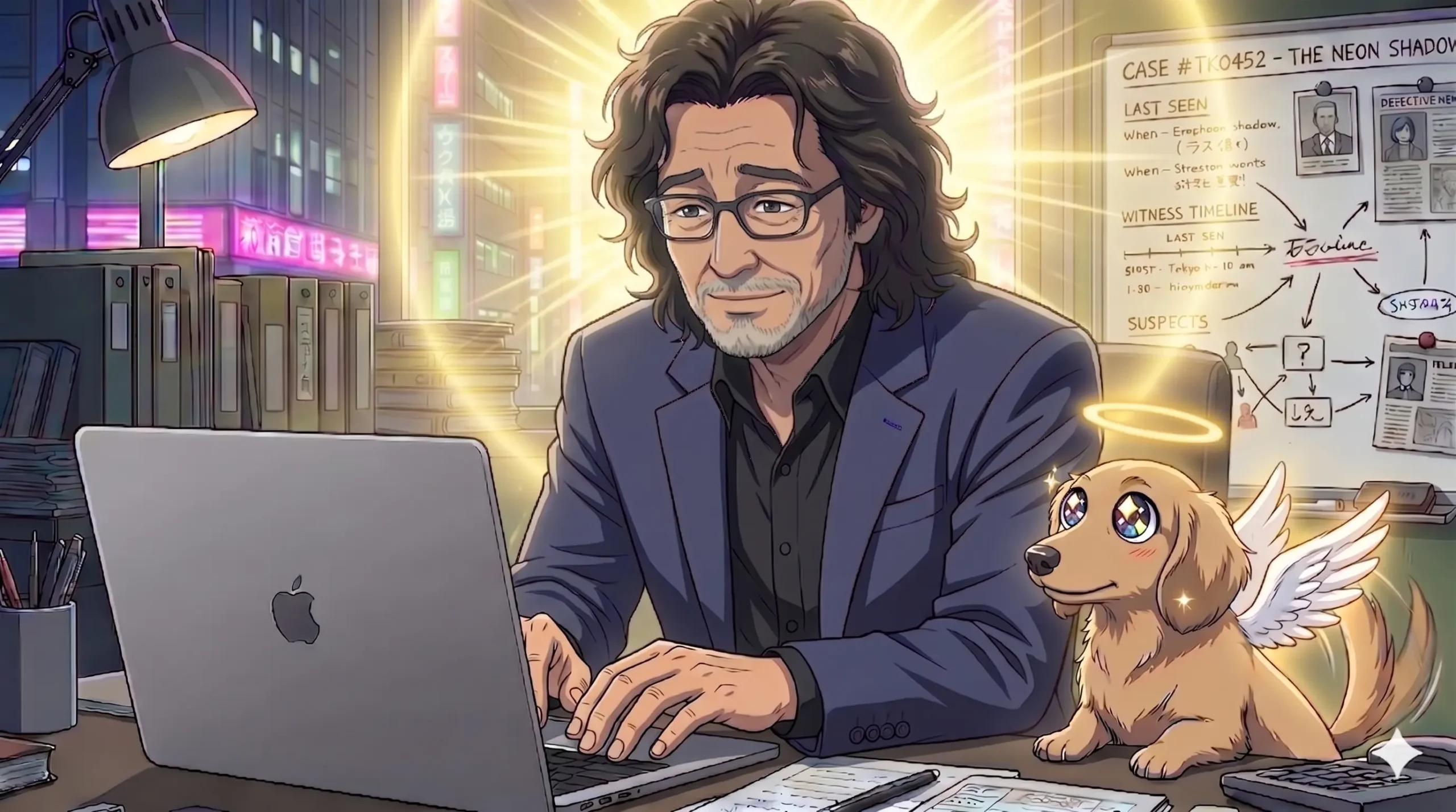 パソコンで作業しながら今後の方向性を決める男性と見守る犬