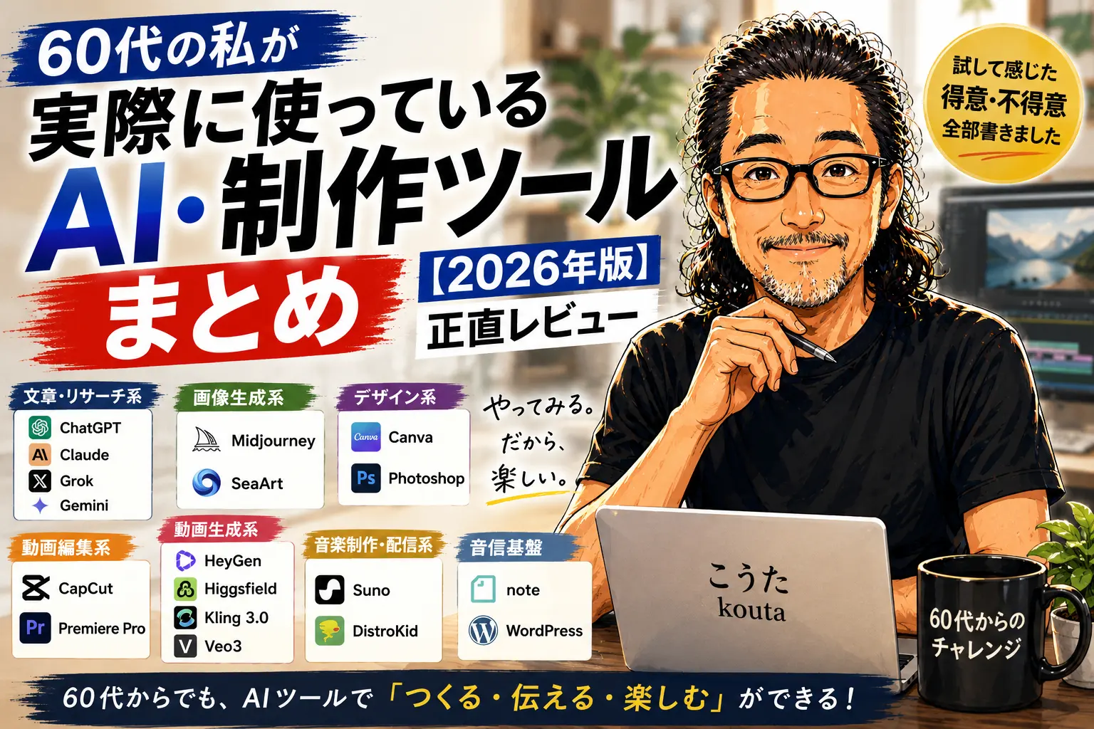 60代男性がChatGPTやMidjourneyなどのAI・制作ツールを使っている様子を描いたブログ用アイキャッチ画像