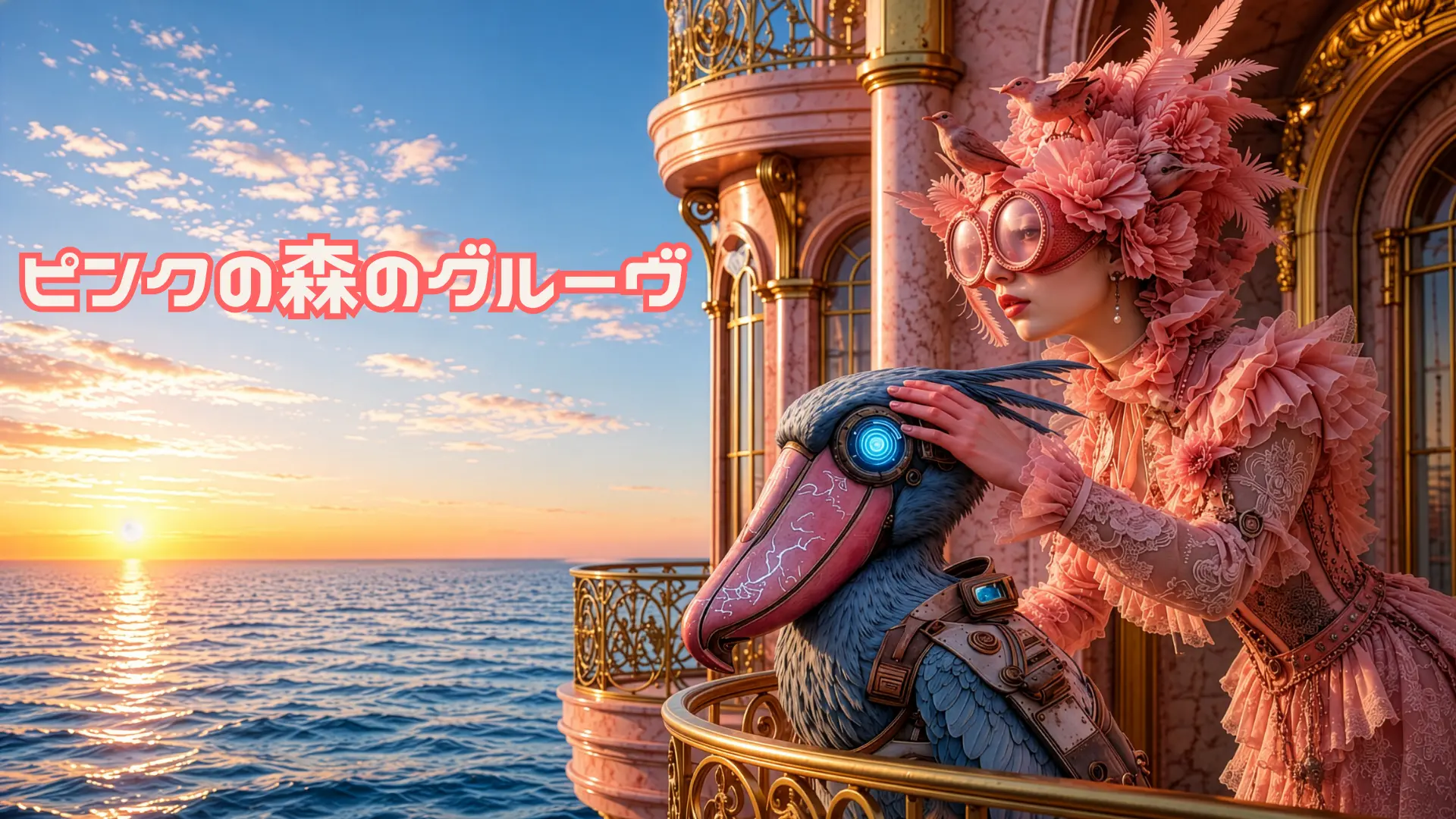 海辺の宮殿でピンクの衣装を着た女性が青い機械鳥に寄り添う「ピンクの森のグルーヴ」のアイキャッチ画像。