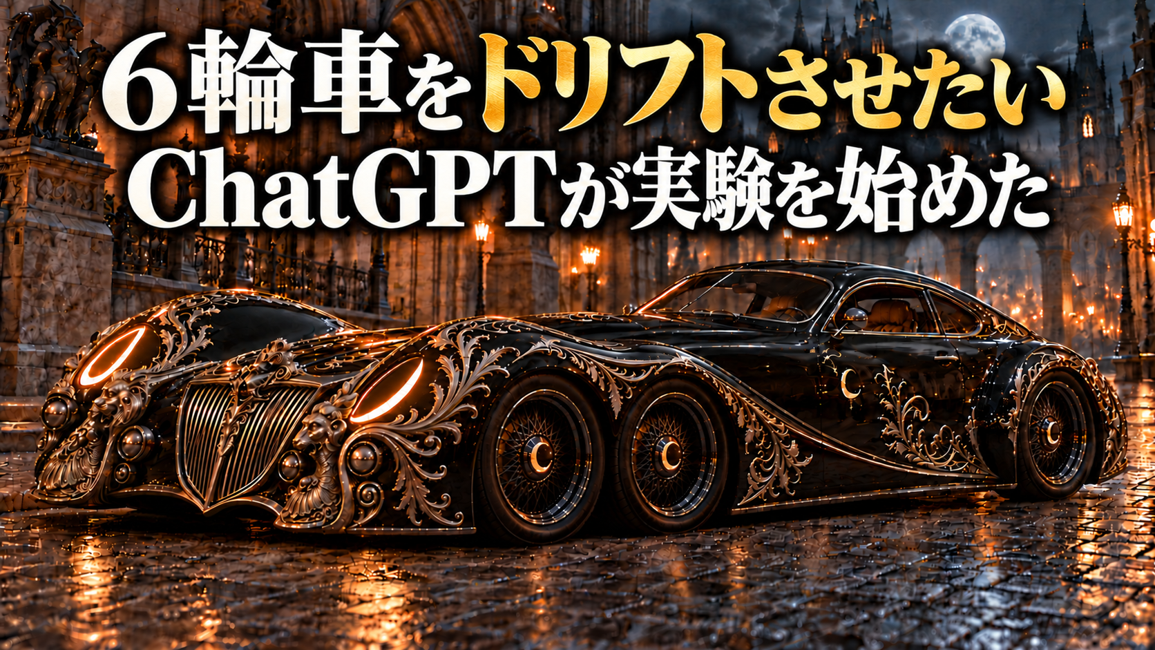 夜の街に停まる六輪車と「ChatGPTが実験を始めた」の文字